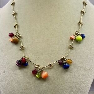 Multi Color Beaded Station Gold Tone Necklace. 16 inches, 2 inch extender.